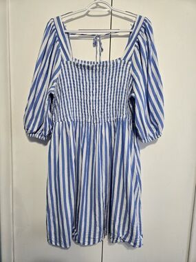 Ava & Viv 1X Blue White Striped Dress Smocked Square Neck Puff Sleeve Cottagecor